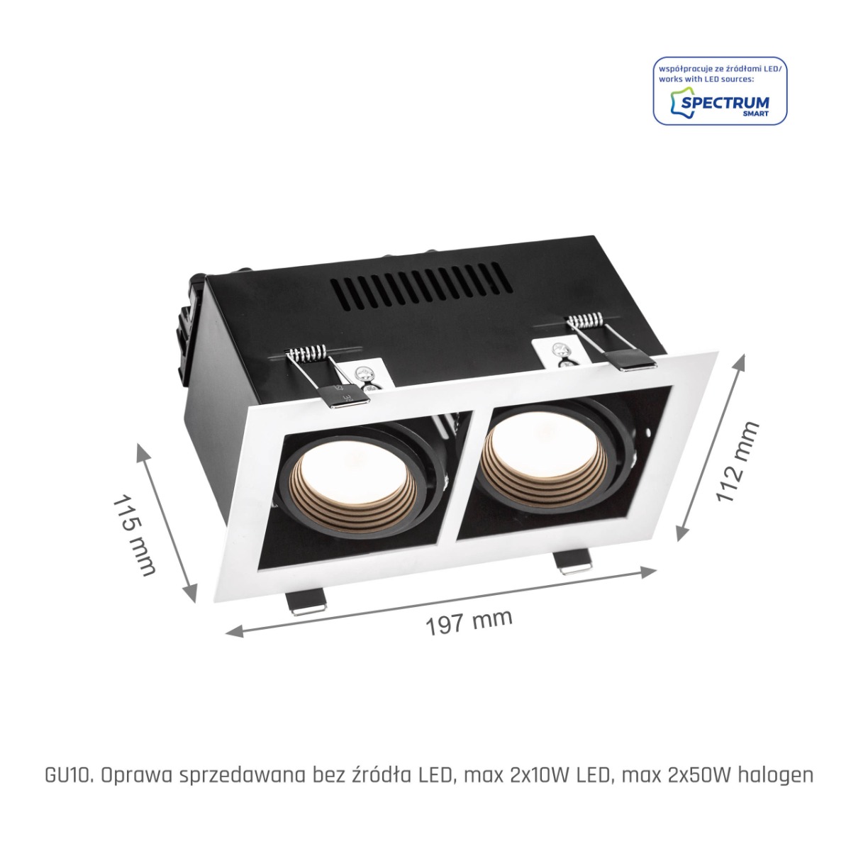 Led Spot inbouw Mini 2 x GU10 Zwart - Wit kader Vierkant