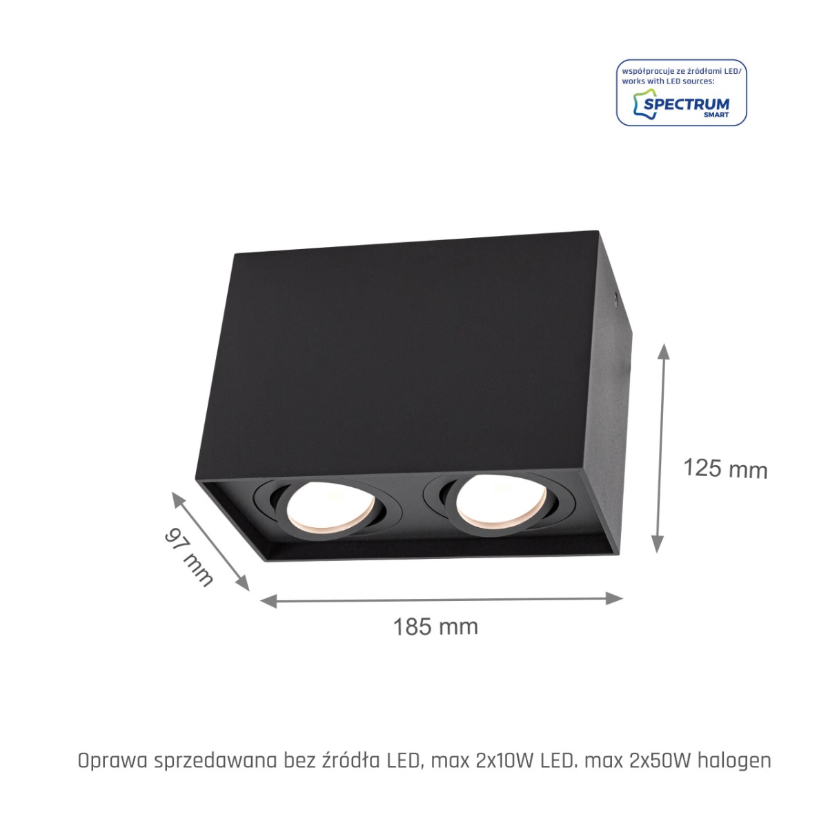 LED Spot 2xGU10 Fitting Rechthoek Zwart Opbouw kantelbaar IP20