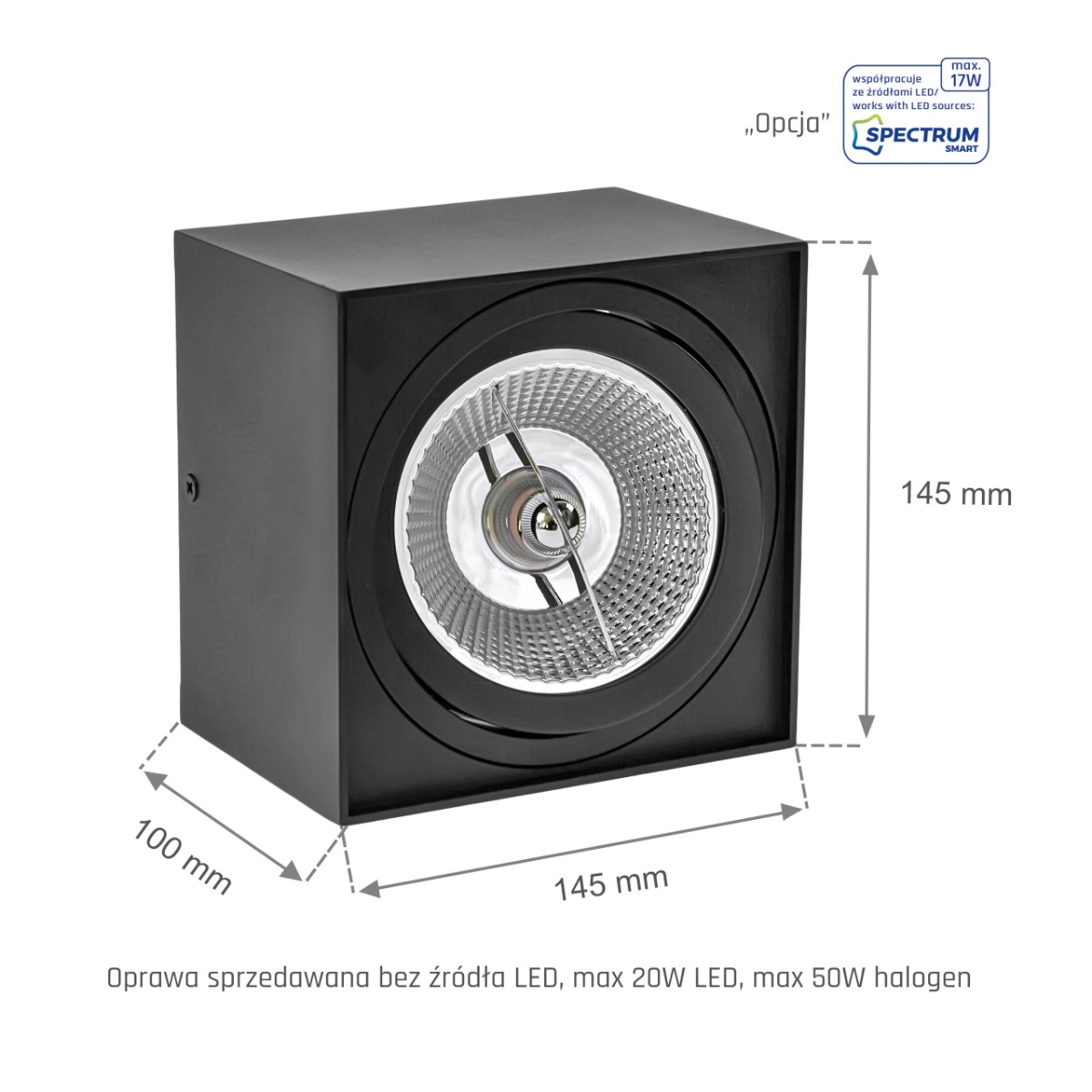 LED Spot AR111  Zwart Vierkant 145x145x100mm Kantelbaar